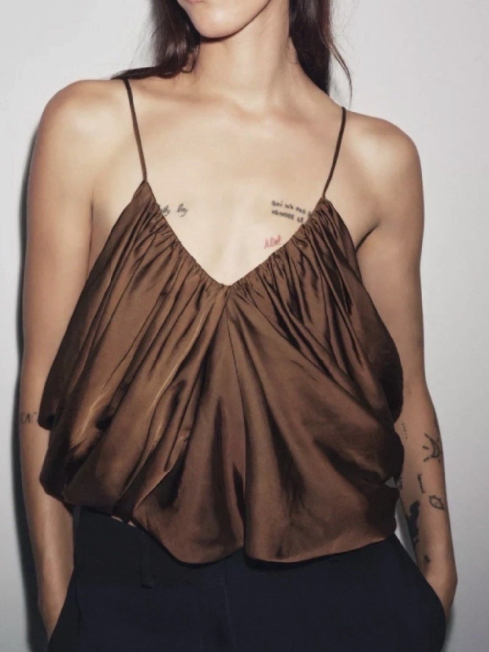 Zara ZW Collection Draped Satin Effect Tank Top. Color - Tobacco. Size M - Picture 4 of 4